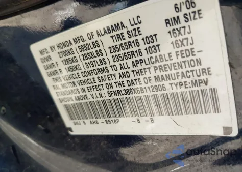 2006 Honda Odyssey Ex-L из США, поврежденный, VIN 5FNRL386X6B112906